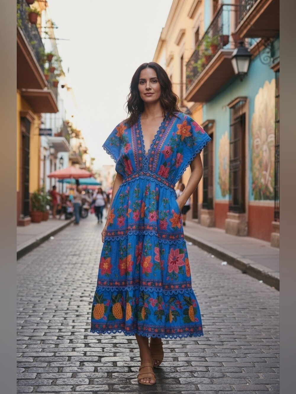 FARM Rio Bright Blue Floral High-Low Tiered Dress